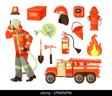 Firefighter and firefighting equipment cartoon illustration set Stock Vector