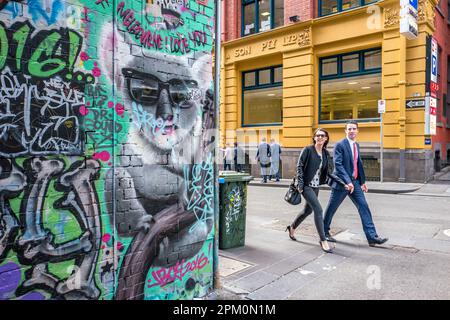 Hosier Lane in Melbourne, Australia is famous for its street art and graffiti. Stock Photo