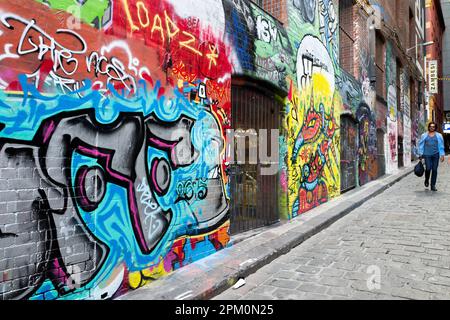 Hosier Lane in Melbourne, Australia is famous for its street art and graffiti. Stock Photo