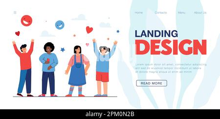 Happy diverse children standing in row flat vector illustration Stock Vector