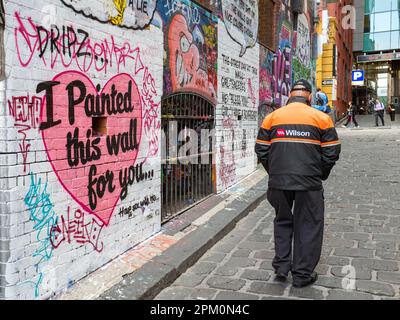 Hosier Lane in Melbourne, Australia is famous for its street art and graffiti. Stock Photo