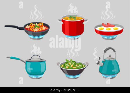Cooking pots and pans on gas stove cartoon illustration set Stock Vector