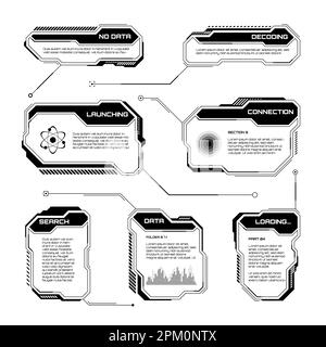 Black futuristic HUD, UI elements. Sci-fi user interface text boxes, callouts. Warning message frames, information boxes template. Modern game Stock Vector