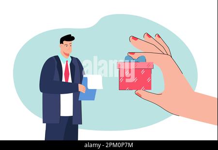 Confused man looking at huge hand holding gift box Stock Vector