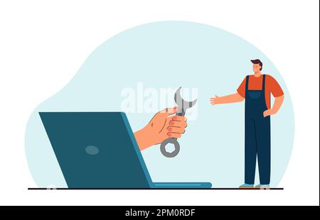 Hand coming out of laptop and giving wrench to technician Stock Vector