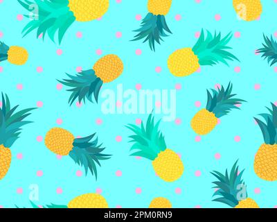 Seamless pattern with pineapples on a blue background. Summer fruit pattern. Pineapple fruit. Tropical background for T-shirts, prints on paper and fa Stock Vector