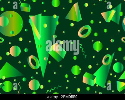 Memphis seamless pattern with 3d geometric shapes with gradient. Colorful isometric 3d geometric shapes in 80s style. Design for printing on paper, ba Stock Vector