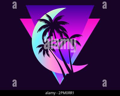 Gradient crescent with palm trees in a futuristic 80s style. Banner with moon and palm trees in synthwave style. Design for advertising brochures, ban Stock Vector