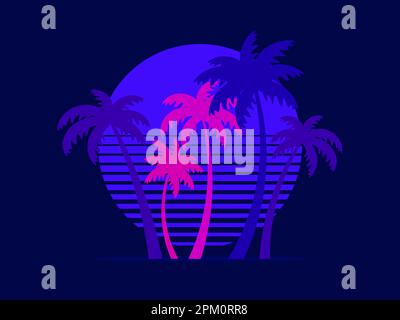 Palm trees against the backdrop of a retro sun in the style of the 80s. Retro futuristic sun with palm trees in synthwave style. Design for brochure, Stock Vector