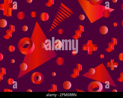 Geometric seamless pattern with 3D shape in the Memphis style of the 80s. Isometric 3D geometric shapes with gradient colors. Design for printing on p Stock Vector