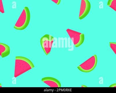 Watermelon seamless pattern in 3d style. Isometric slices of watermelon with seeds on a blue background. Design for posters, wallpaper, print promotio Stock Vector