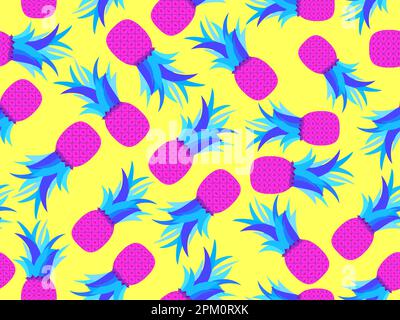 Pink pineapple with blue foliage pop art style. Seamless pattern with pineapples in retro style. Summer fruit pattern. Tropical background for T-shirt Stock Vector