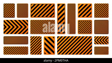 Various black and orange warning signs with diagonal lines. Attention, danger or caution sign, construction site signage. Realistic notice signboard Stock Vector