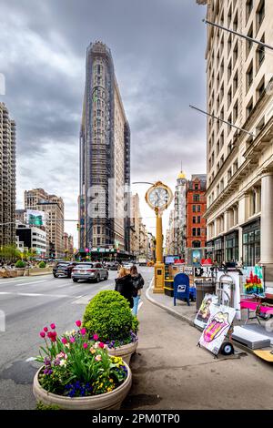 New York, USA - April 23, 2022: Flatiron building facade, one of the first skyscrapers ever built Stock Photo