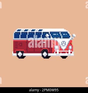 Pixel art retro red and white minibus asset. 8 bit transport bus icon on light background Stock Vector