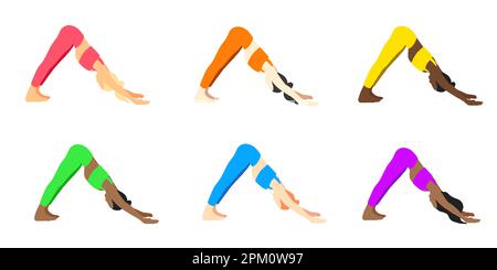 Flexibility yoga poses collection. European, African, Asian female, lady, woman, girl. Pilates, mental health, training, gym. Vector illustration in c Stock Vector