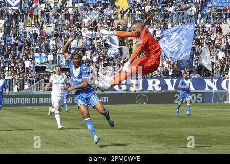 Brescia, Italy. 10th Apr, 2023. Antony Iannarilli of Ternana Calcio makes a save on Florian Aye of Brescia FC during Brescia FC vs Ternana Calcio, 32Â° Serie BKT 2022-23 game at Mario Rigamonti stadium in Brescia, Italy, on April 10, 2023. Credit: Independent Photo Agency/Alamy Live News Stock Photo