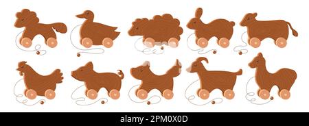 Cute animal wooden toys for kids vector illustrations set Stock Vector