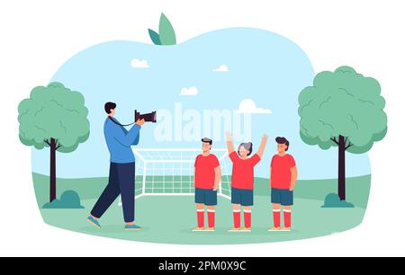 Cameraman filming children in uniform on football field Stock Vector