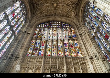 Interior stained glass windows of King's College Chapel at Cambridge University, Cambridge, UK Stock Photo