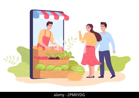 Couple buying farm products online flat vector illustration Stock Vector
