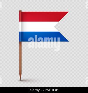 Realistic Dutch toothpick flag. Souvenir from Netherlands. Wooden toothpick with paper flag. Location mark, map pointer. Blank mockup for advertising Stock Vector