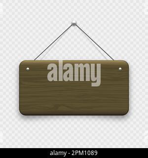 Wooden hanging signboard. Made of wood door sign for cafe, restaurant, bar or retail store. Announcement banner, information signage for business or Stock Vector
