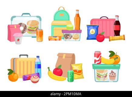 Lunch boxes cartoon illustration set Stock Vector