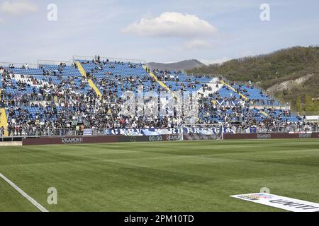 Brescia, Italy. 10th Apr, 2023. Brescia fans show their supportduring Brescia FC vs Ternana Calcio, 32° Serie BKT 2022-23 game at Mario Rigamonti stadium in Brescia, Italy, on April 10, 2023. Credit: Live Media Publishing Group/Alamy Live News Stock Photo