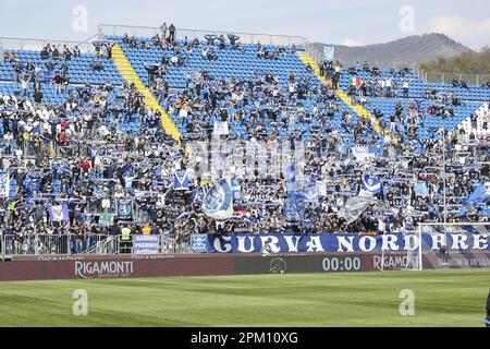 Brescia, Italy. 10th Apr, 2023. Brescia fans show their supportduring Brescia FC vs Ternana Calcio, 32° Serie BKT 2022-23 game at Mario Rigamonti stadium in Brescia, Italy, on April 10, 2023. Credit: Live Media Publishing Group/Alamy Live News Stock Photo