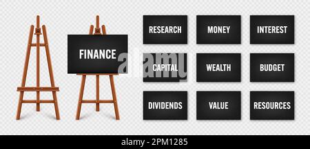 Realistic paint desk with text on black canvas. Wooden easel and a sheet of drawing paper. Presentation board on a tripod. Business investment Stock Vector