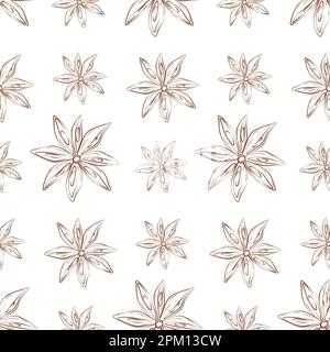 Seamless pattern of contour drawing star anise in brown shade. Spicy spice for coffee or mulled wine. Design for wrapping, wallpaper, price tag or label, banner, brochures, poster or web. Vector. EPS Stock Vector