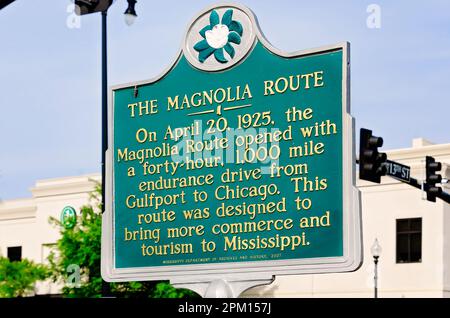 The Magnolia Route historic marker is pictured, April 2, 2023, in Gulfport, Mississippi. The Magnolia Route was a 40-hour, 1,000-mile endurance drive. Stock Photo
