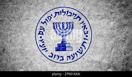 Israel secret organization Mossad Flag. Mossad flag printed on textured wall background Stock Photo