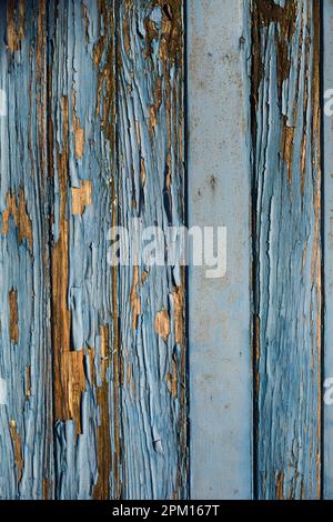 Detail of peeling blue paint on vertical old neglected wooden garage door in Netherbury, Bridport, Dorset, United Kingdom Stock Photo