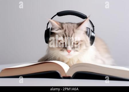 Clever cat student learning and listen to online lessons in headphones. Smart cat reading a book Stock Photo