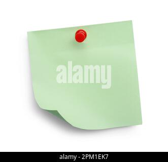Blank light green note pinned on white background, top view Stock Photo