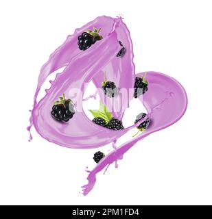 Splashes of tasty blackberry yogurt and fresh berries on white background Stock Photo