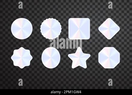 Set of silver holographic stickers with white frames. Vector illustration. Glowing labels of different shapes isolated on transparent background Stock Vector