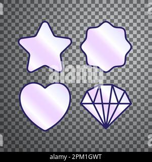 Pack of modern holographic stickers isolated on transparent backdrop. Glowing purple badges with frame in diamond, star, wavy and heart shapes Stock Vector