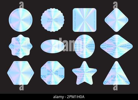 Pack of hologram stamp quality stickers. Vector illustration. Blue colored shiny badges of different shapes isolated on black backdrop Stock Vector