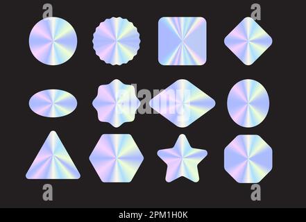 Pack of holographic stickers and labels. Vector illustration. Glowing hologram badges in different shapes isolated on transparent background Stock Vector