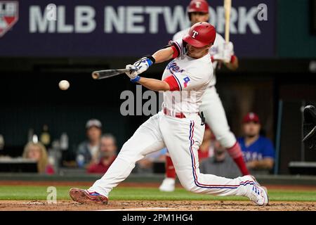 Texas Rangers' Travis Jankowski follows through on his RBI double