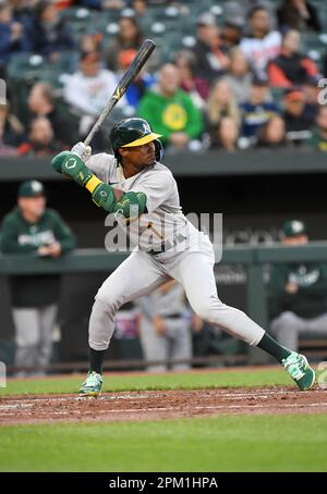 BALTIMORE, MD - APRIL 10: Athletics second baseman Tony Kemp (5) throws to  first base during the Oakland Athletics versus Baltimore Orioles MLB game  at Orioles Park at Camden Yards on April