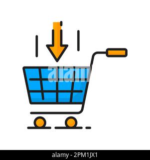 Shopping cart with arrow above, logistics and wholesale concept, color ERP icon. Vector enterprise resource planning, food delivery and transportation Stock Vector