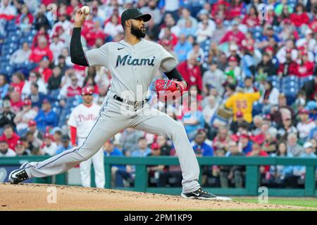 PHILADELPHIA, PA - APRIL 10: Miami Marlins starting pitcher Devin Smeltzer  (38) looks on during the game between the Miami Marlins and the  Philadelphia Phillies on April 10, 2023 at Citizens Bank