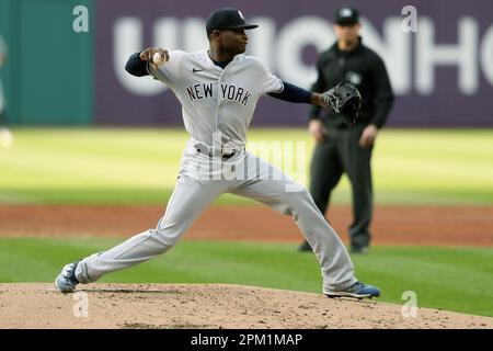 Cleveland, United States. 10th Apr, 2023. New York Yankees starting pitcher Domingo German (0) throws back to first base against the Cleveland Guardians in the first inning at Progressive Field in Cleveland, Ohio, on Monday, April 10, 2023. Photo by Aaron Josefczyk/UPI Credit: UPI/Alamy Live News Stock Photo