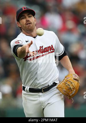 Cleveland, United States. 10th Apr, 2023. Cleveland Guardians starting pitcher Shane Bieber (57) tosses the ball to first base against the New York Yankees the third inning at Progressive Field in Cleveland, Ohio, on Monday, April 10, 2023. Photo by Aaron Josefczyk/UPI Credit: UPI/Alamy Live News Stock Photo