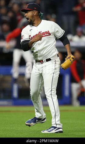 Cleveland, United States. 10th Apr, 2023. Cleveland Guardians Emmanuel Clase (48) reacts after defeating the New York Yankees at Progressive Field in Cleveland, Ohio, on Monday, April 10, 2023. Photo by Aaron Josefczyk/UPI Credit: UPI/Alamy Live News Stock Photo