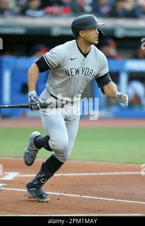 Cleveland, United States. 10th Apr, 2023. New York Yankees Giancarlo Stanton (27) runs to first after hitting a two RBI double against the Cleveland Guardians in the first inning at Progressive Field in Cleveland, Ohio, on Monday, April 10, 2023. Photo by Aaron Josefczyk/UPI Credit: UPI/Alamy Live News Stock Photo